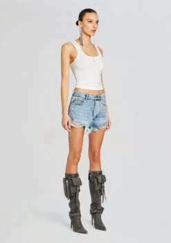 Angel Embellished Denim Short -LUCY Clothing Shop Ecommerce Crop 24 02 15 REBELJACKET ANGELSHORT TANGIERSILVER 089 ECOMM 7b23bb9e 1c9e 469e 86ec b29e5070880d